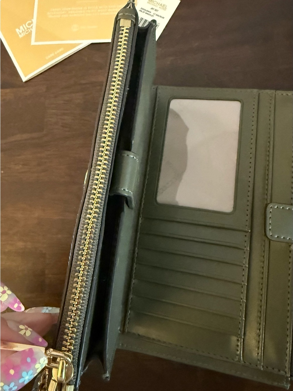 Michael Kors Two-Tone MK Logo Zip Wristlet - Olive & Dark Olive - Picture 8 of 11